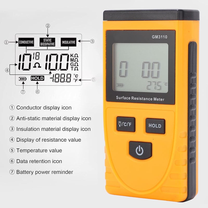 plplaaoo Surface Resistance Meter GM3110 – Handheld Resistance Tester with High-Definition LCD Backlight, Digital Anti-Static Surface Resistance Analyzer for ESD, Electronics Lab, Industrial Safety - Image 3